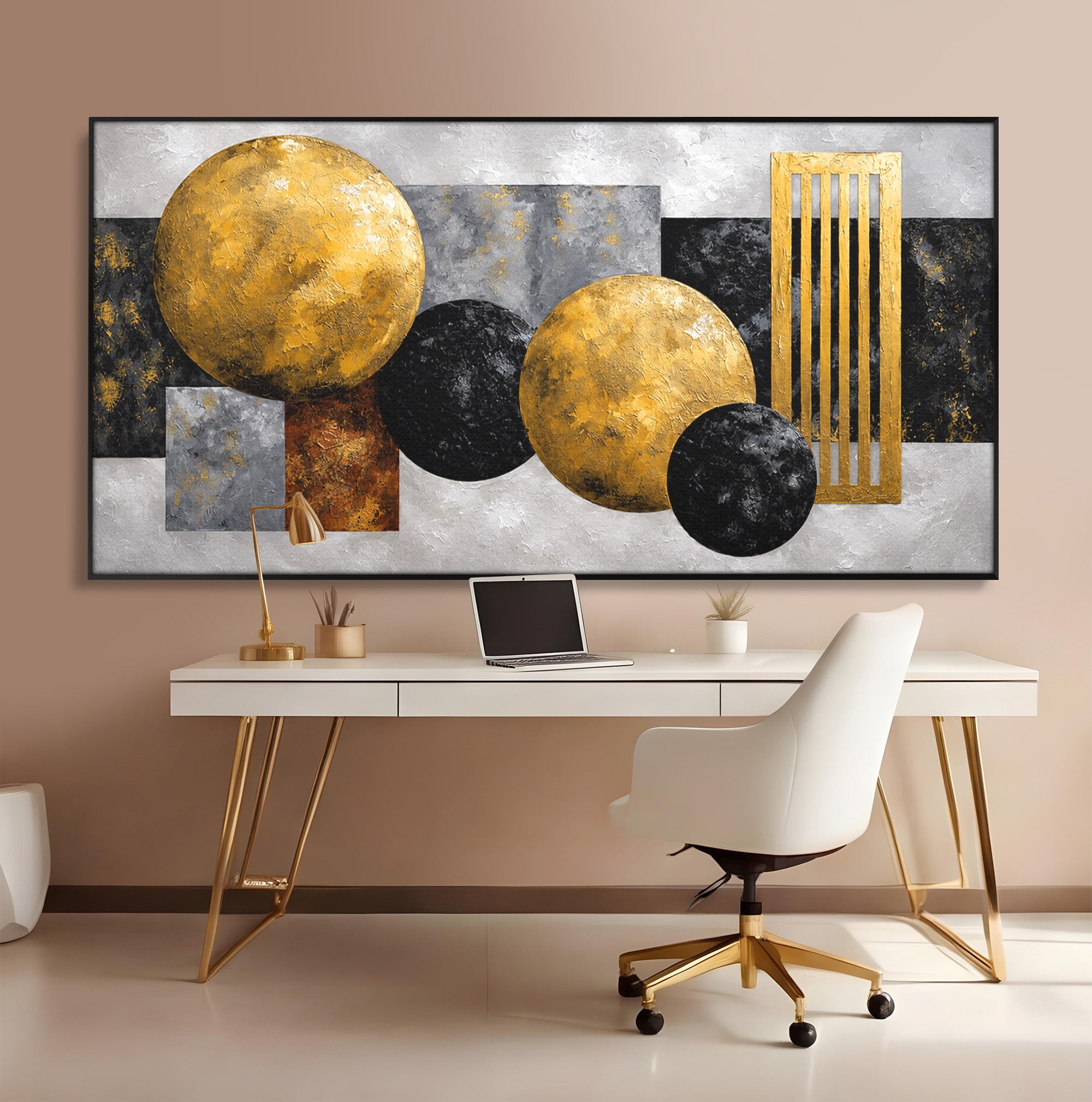 Tablou Canvas Premium LuxCanva® 1318, Armonie Geometrica Aurie, Geometrie, Abstract, Auriu, Birou, Modern, Culori Vibrante