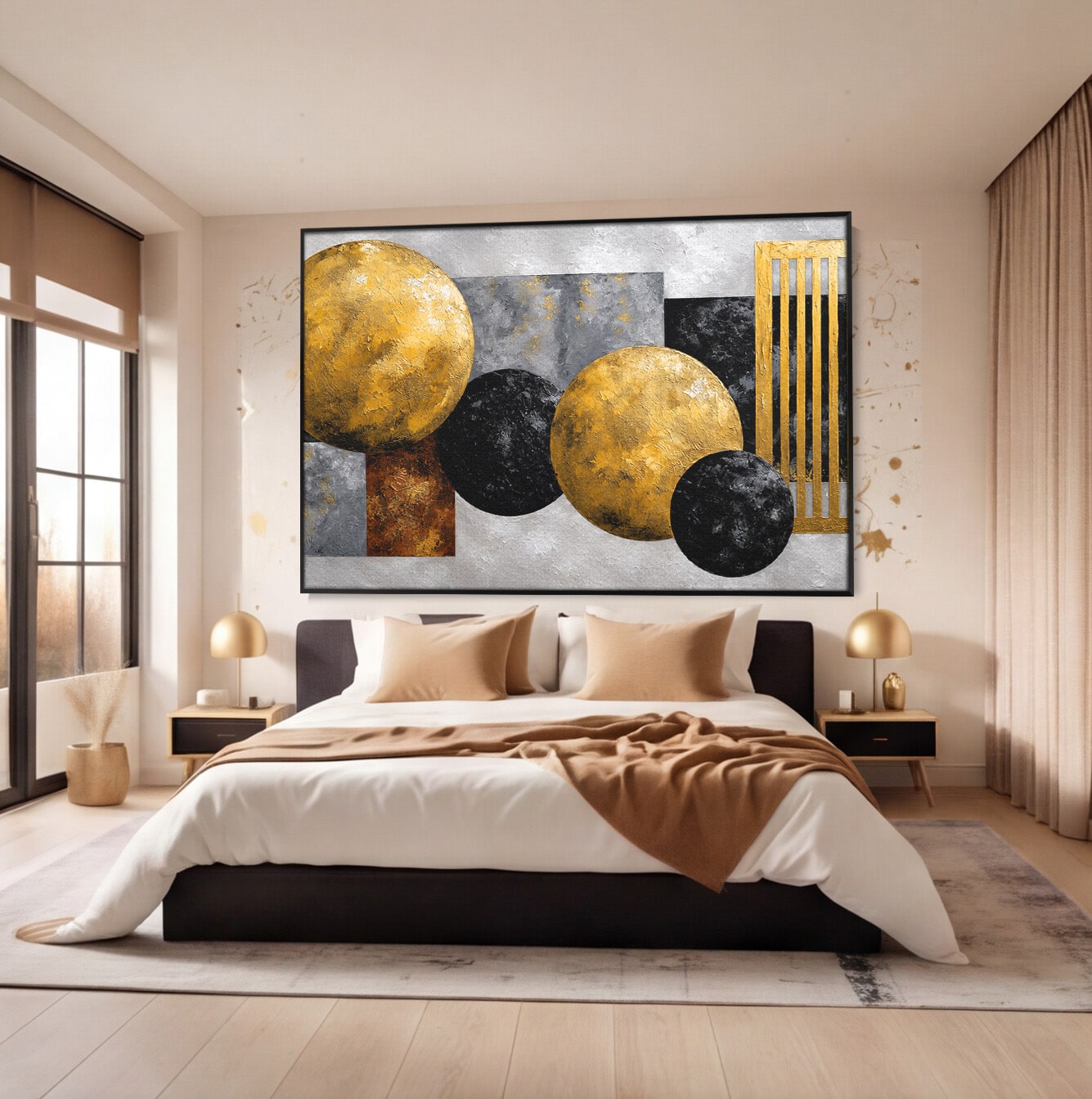 Tablou Canvas Premium LuxCanva® 1318, Armonie Geometrica Aurie, Geometrie, Abstract, Auriu, Birou, Modern, Culori Vibrante