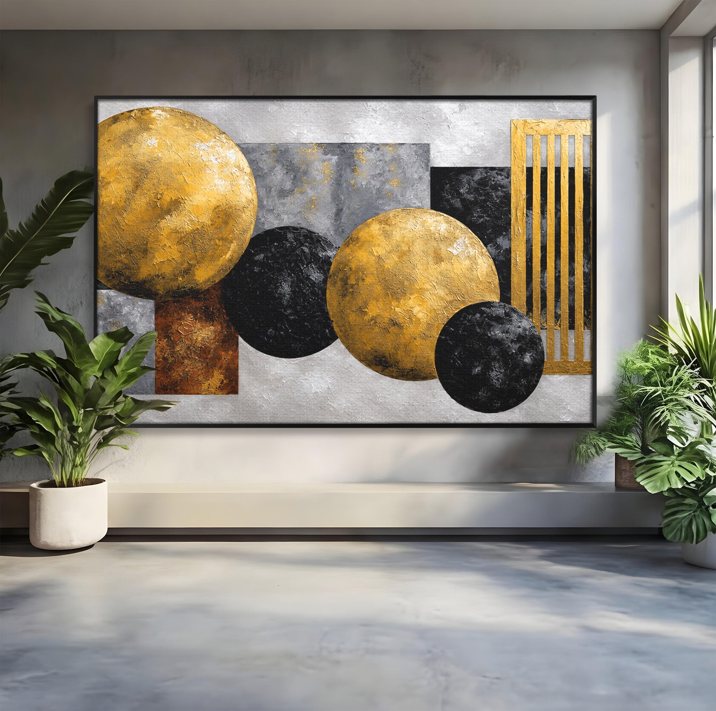 Tablou Canvas Premium LuxCanva® 1318, Armonie Geometrica Aurie, Geometrie, Abstract, Auriu, Birou, Modern, Culori Vibrante