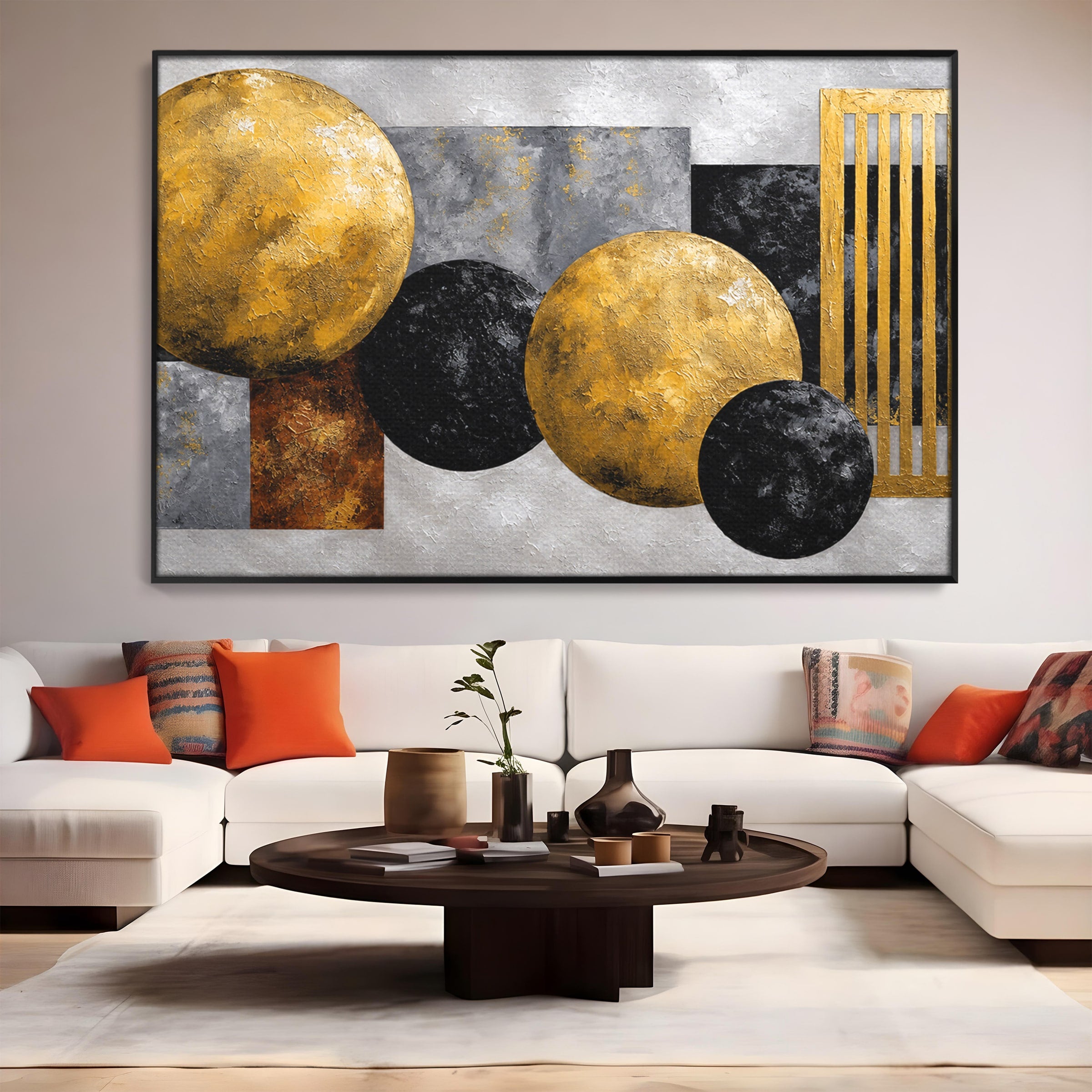Tablou Canvas Premium LuxCanva® 1318, Armonie Geometrica Aurie, Geometrie, Abstract, Auriu, Birou, Modern, Culori Vibrante