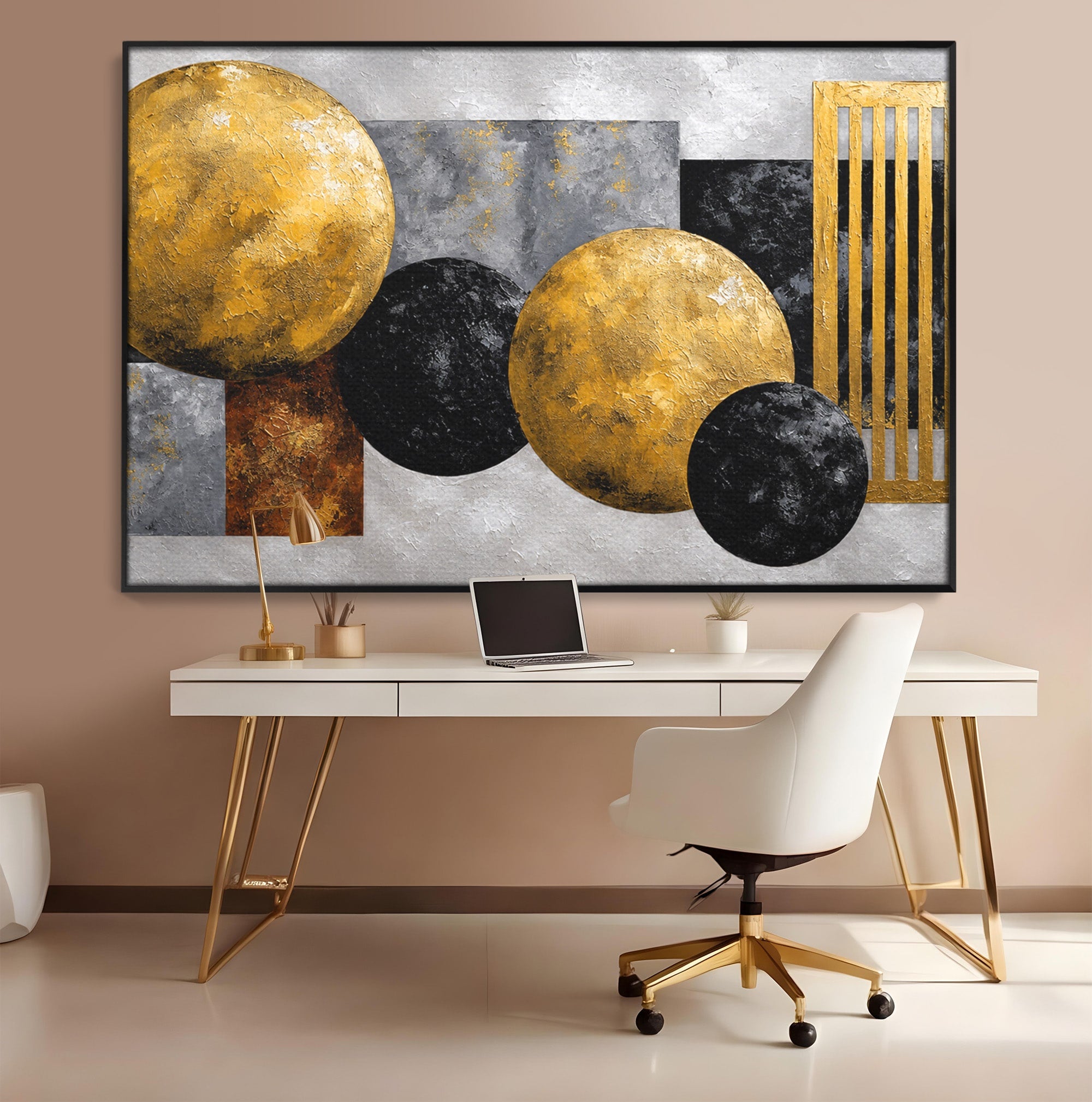 Tablou Canvas Premium LuxCanva® 1318, Armonie Geometrica Aurie, Geometrie, Abstract, Auriu, Birou, Modern, Culori Vibrante