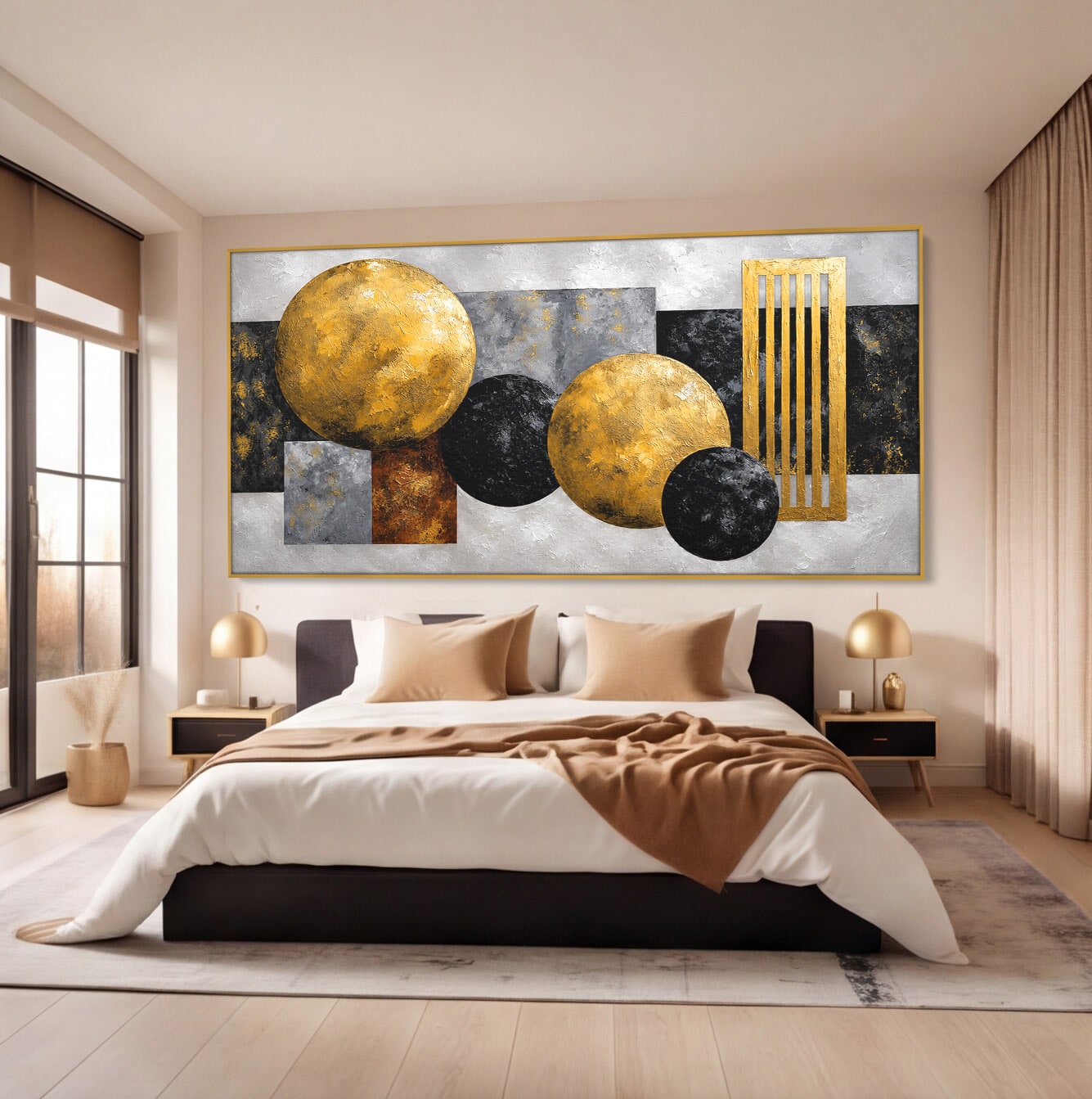 Tablou Canvas Premium LuxCanva® 1318, Armonie Geometrica Aurie, Geometrie, Abstract, Auriu, Birou, Modern, Culori Vibrante