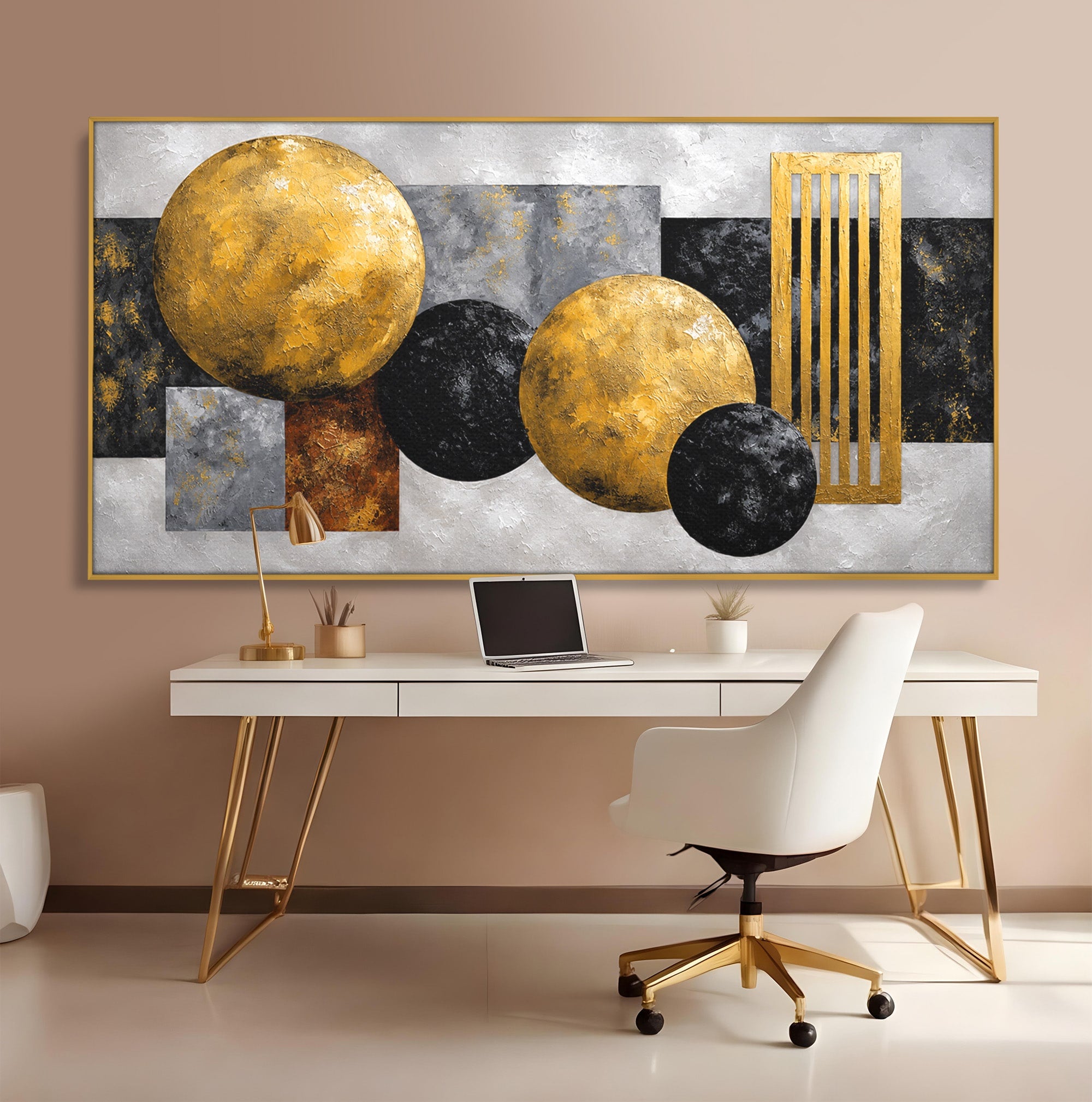 Tablou Canvas Premium LuxCanva® 1318, Armonie Geometrica Aurie, Geometrie, Abstract, Auriu, Birou, Modern, Culori Vibrante