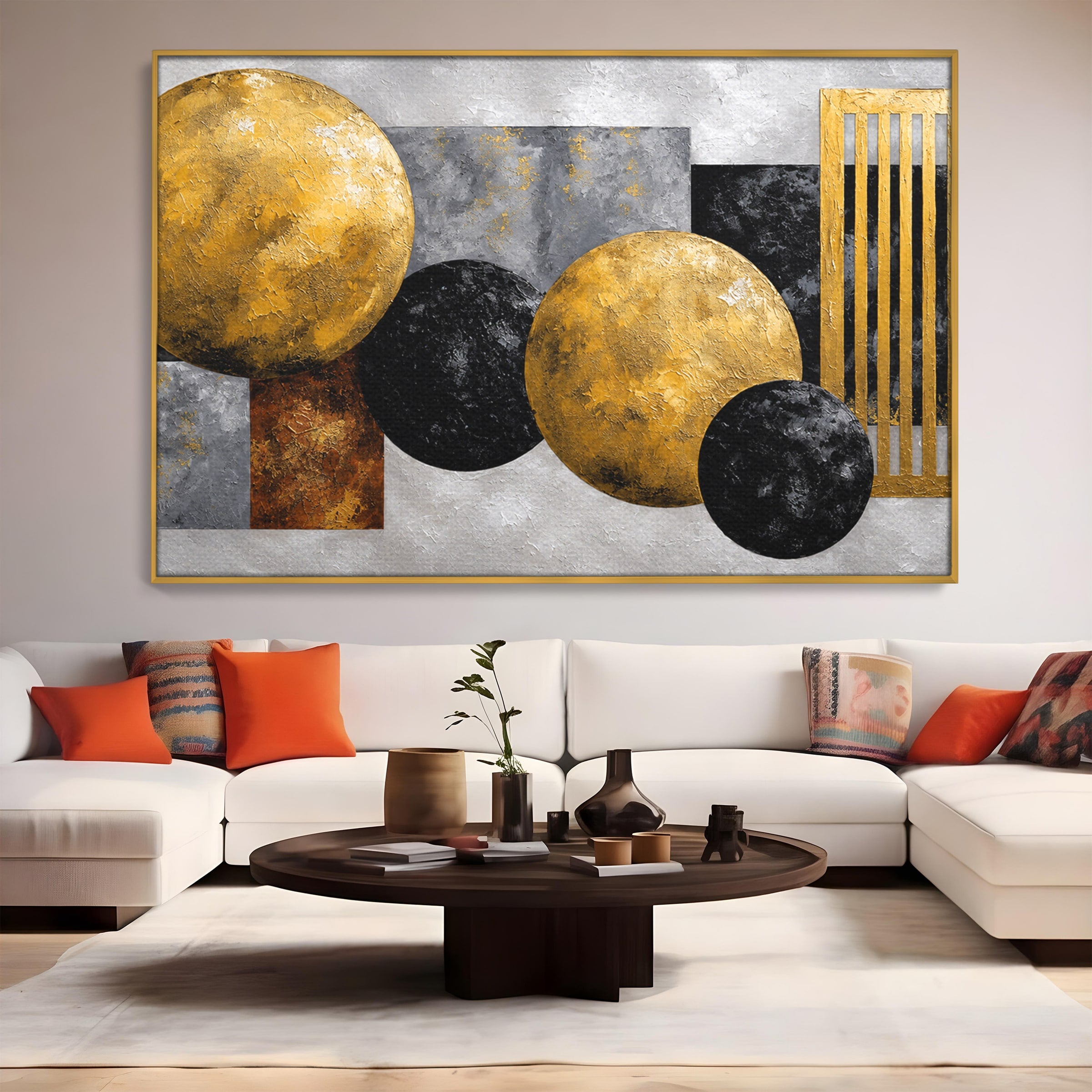 Tablou Canvas Premium LuxCanva® 1318, Armonie Geometrica Aurie, Geometrie, Abstract, Auriu, Birou, Modern, Culori Vibrante