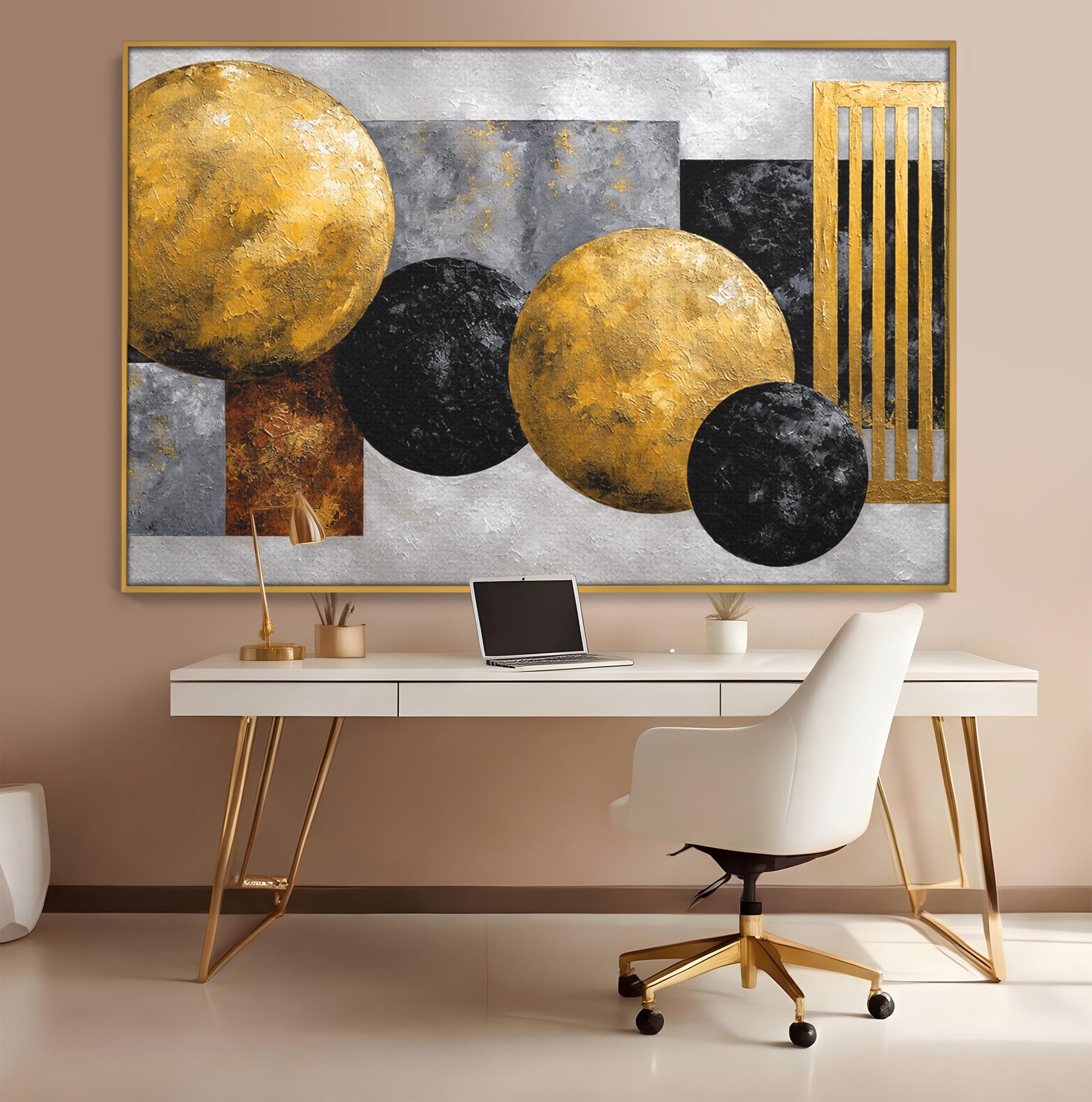 Tablou Canvas Premium LuxCanva® 1318, Armonie Geometrica Aurie, Geometrie, Abstract, Auriu, Birou, Modern, Culori Vibrante