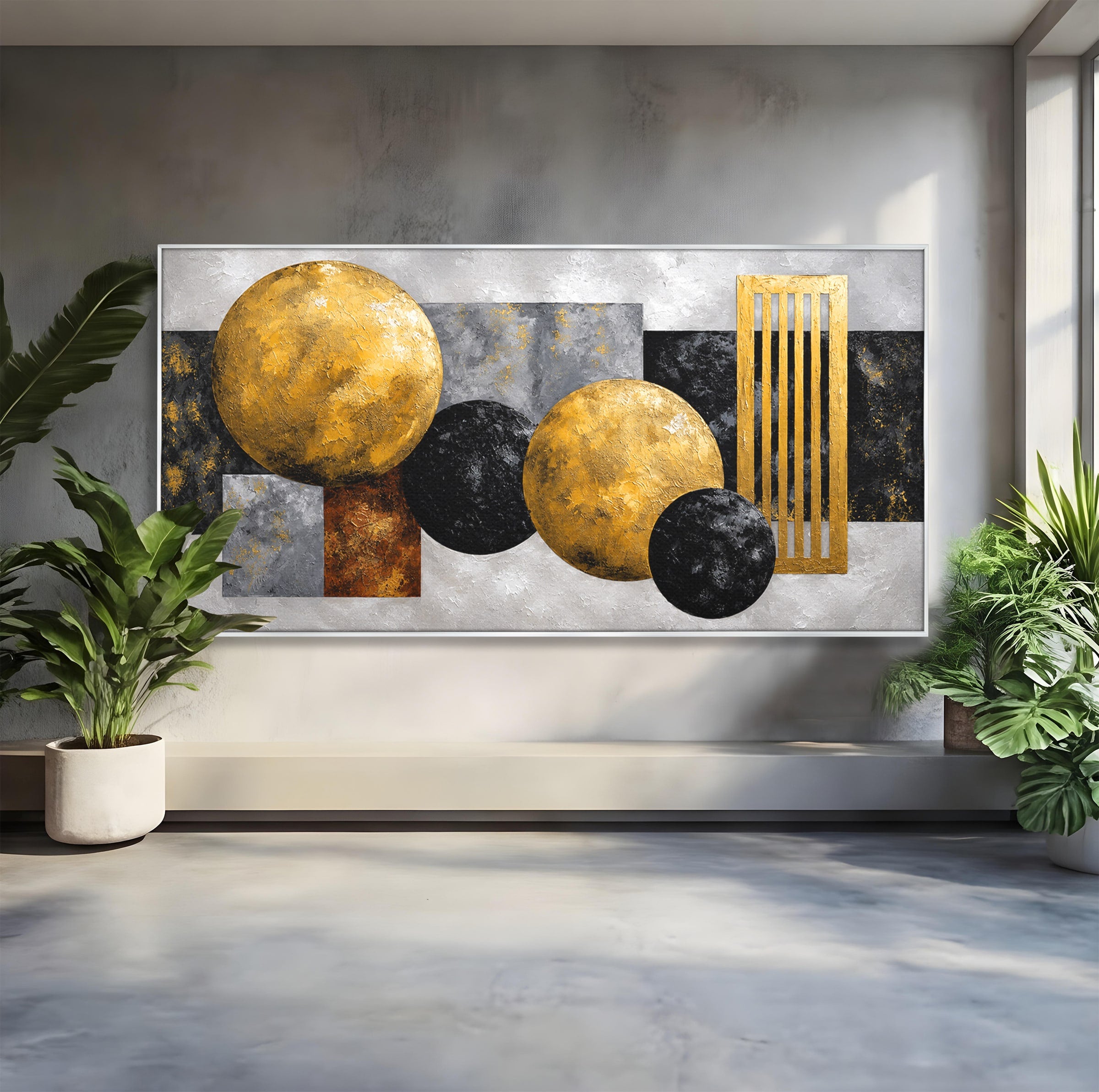 Tablou Canvas Premium LuxCanva® 1318, Armonie Geometrica Aurie, Geometrie, Abstract, Auriu, Birou, Modern, Culori Vibrante