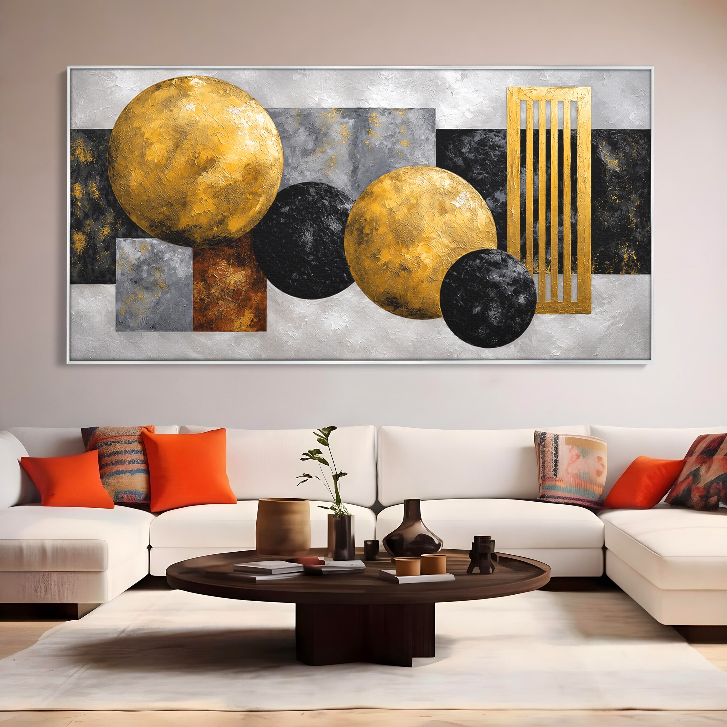 Tablou Canvas Premium LuxCanva® 1318, Armonie Geometrica Aurie, Geometrie, Abstract, Auriu, Birou, Modern, Culori Vibrante