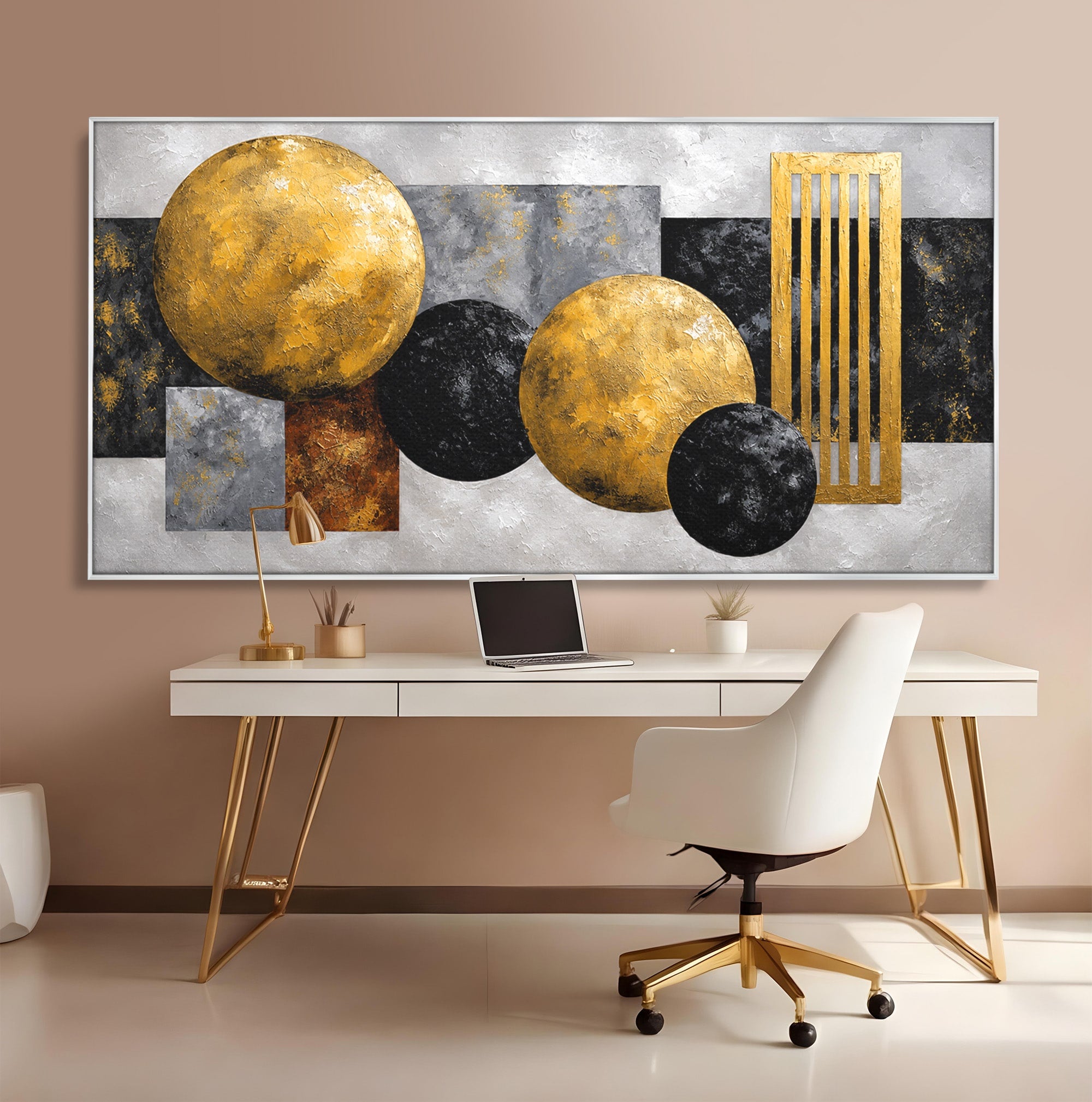 Tablou Canvas Premium LuxCanva® 1318, Armonie Geometrica Aurie, Geometrie, Abstract, Auriu, Birou, Modern, Culori Vibrante