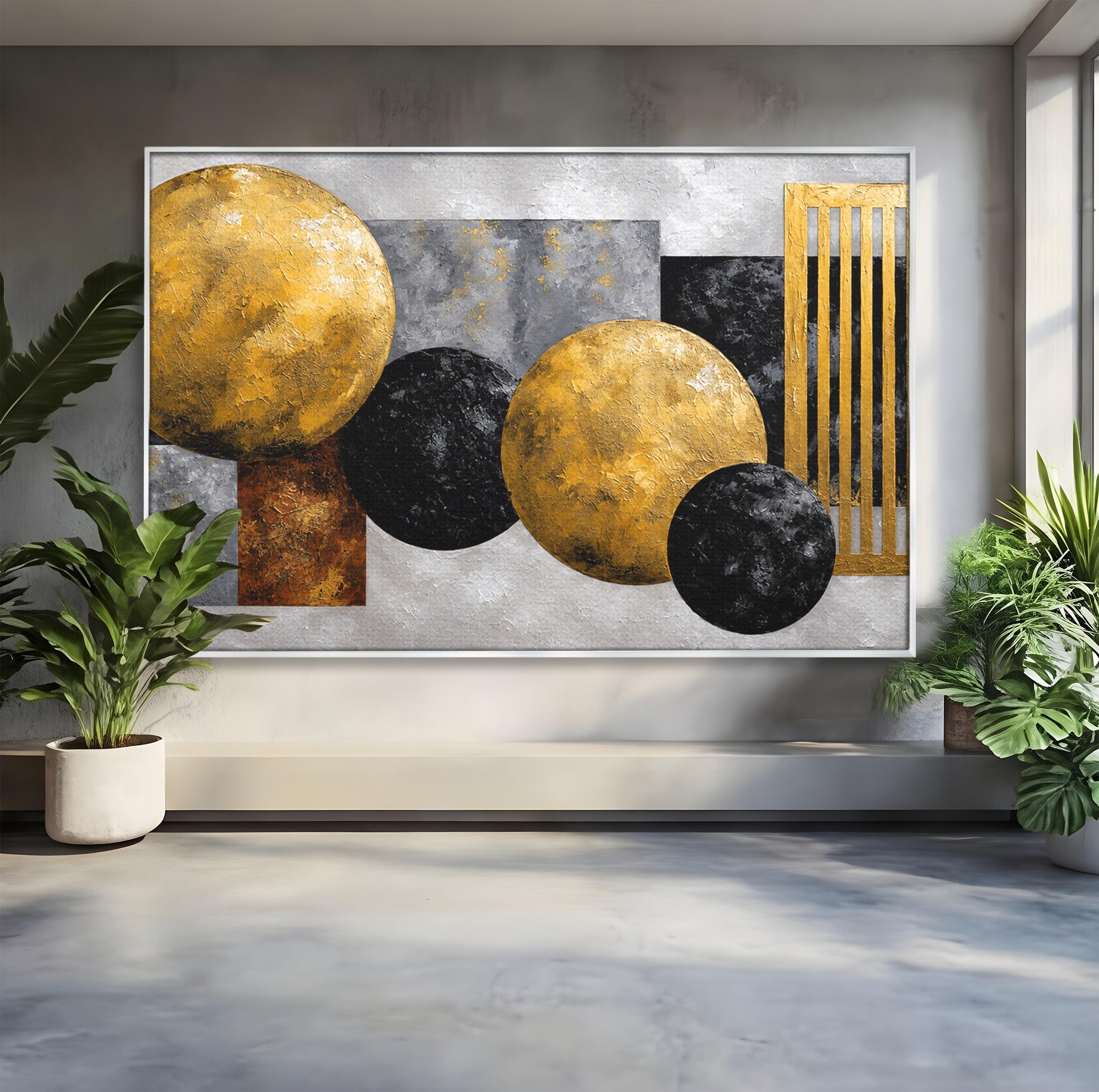 Tablou Canvas Premium LuxCanva® 1318, Armonie Geometrica Aurie, Geometrie, Abstract, Auriu, Birou, Modern, Culori Vibrante