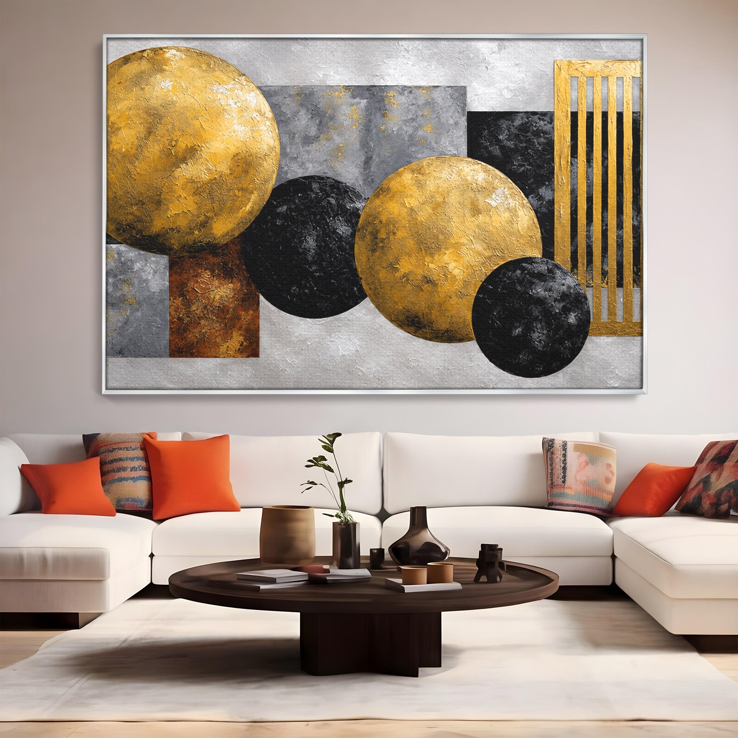 Tablou Canvas Premium LuxCanva® 1318, Armonie Geometrica Aurie, Geometrie, Abstract, Auriu, Birou, Modern, Culori Vibrante