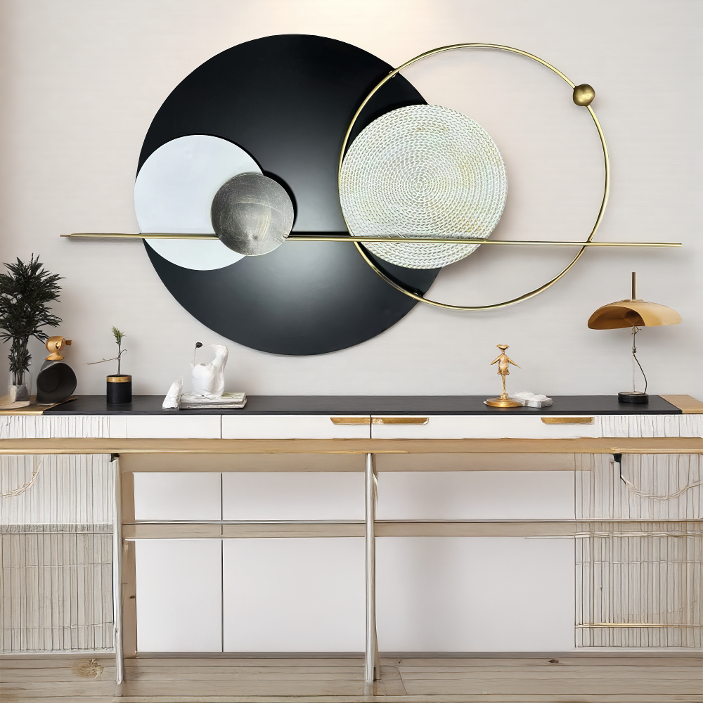 Decoratiune Metalica de Perete LuxCanva® Element Lines A2261, din Metal, Negru, Gold, Alb, Gri, Auriu, Dimensiune Mare 110 x 60 cm