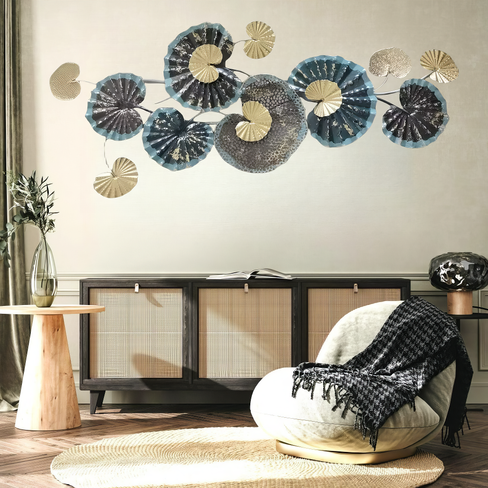 Decoratiune Metalica de Perete LuxCanva® Ocean Flowers A2412, din Metal, Albastru, Orizontala, Auriu, Argintiu, Dimensiune Mare 140 x 60 cm