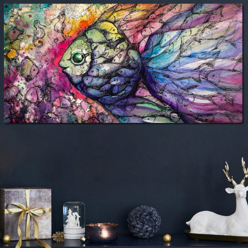 tablou canvas cu un peste format dintr-o multitudine de alti pesti multicolori, pe fundal abstract