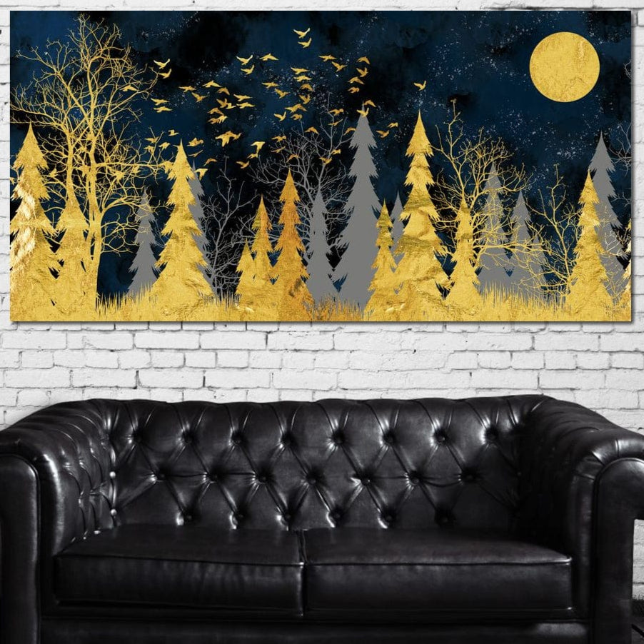 tablou canvas cu un stol de pasari intr-o padure redata in detalii aurii, sub cer instelat si luna plina