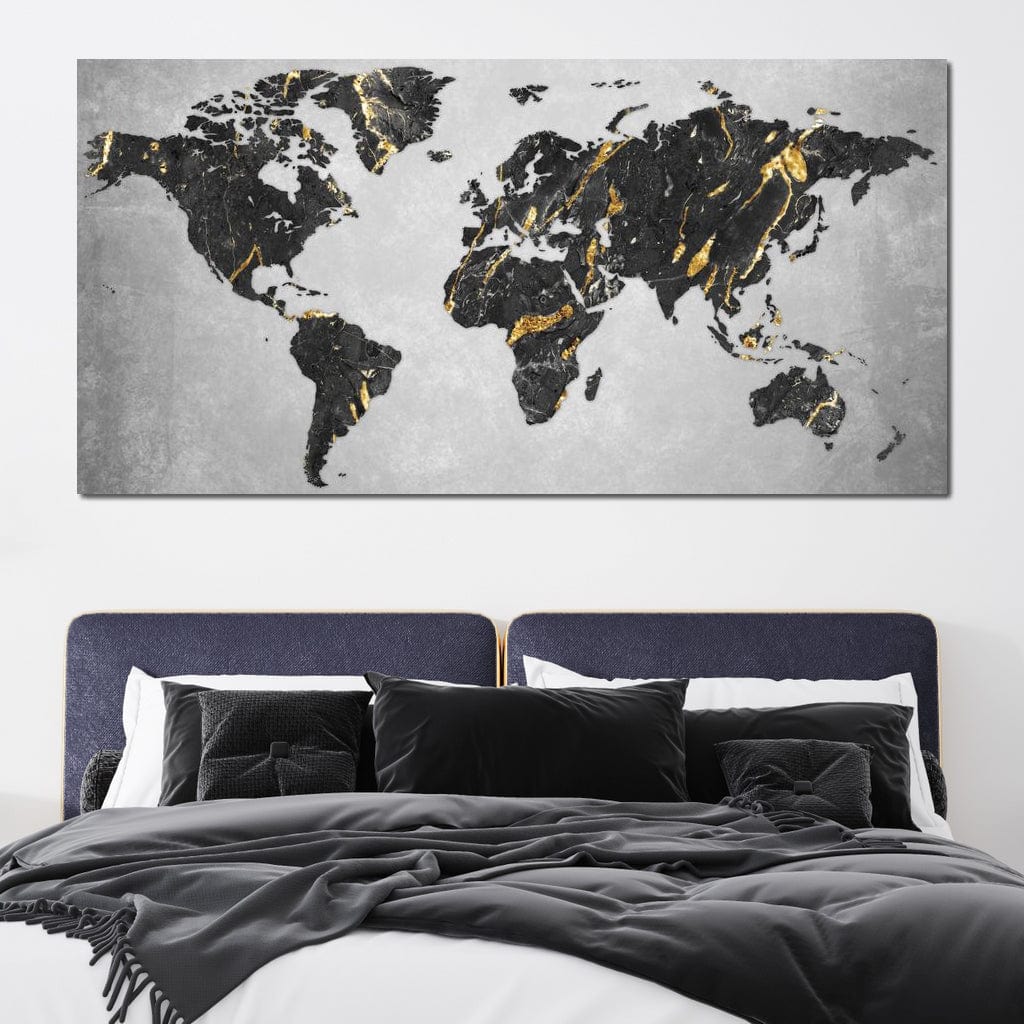 tablou canvas cu harta lumii stilizata in negru si auriu