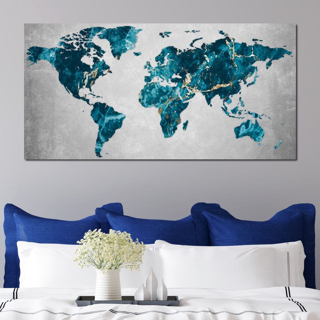 tablou canvas cu harta lumii in nuante de turcoaz si auriu cu aspect de marmura