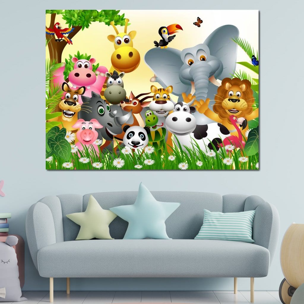 Tablou Canvas Premium, LuxCanva® K1022, Prietenii Veseli din Jungla, Animale, Desene Animate, Jungla, Colorat, Veselie, Gradinita, Educativ, Natura, Cresa, Girafa, Leu, Camera Copii