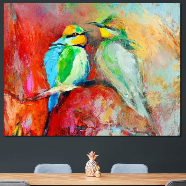 tablou canvas cu doua pasari colorate pe o creanga pe fundal stil pictura in acuarela