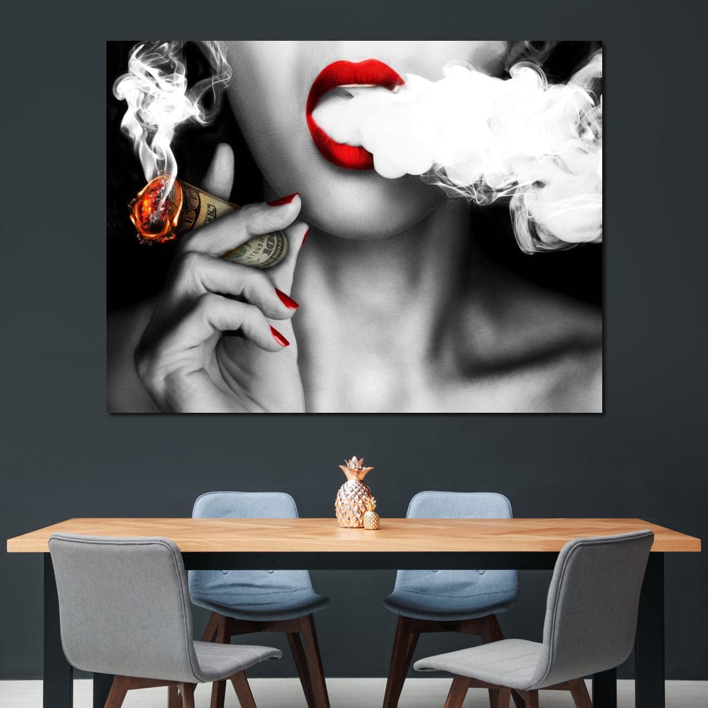 Tablou Canvas Premium LuxCanva® G1028, Bani, Fum si Dorinta ,  Bani, Extravagant, Fum, Buze, Tigara, Interzis, Seductie, Rosii, Living, Dormitor