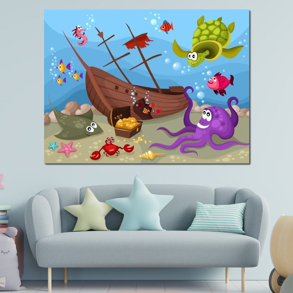 Tablou Canvas Premium, LuxCanva® K1023, Prietenii Marii, Comoara, Adancuri, Aventuri, Mare, Epava, Gradinita, Fermecata, Oceanic, Cresa, Corabie, Pesti, Crabi, Caracatita, Camera Copii