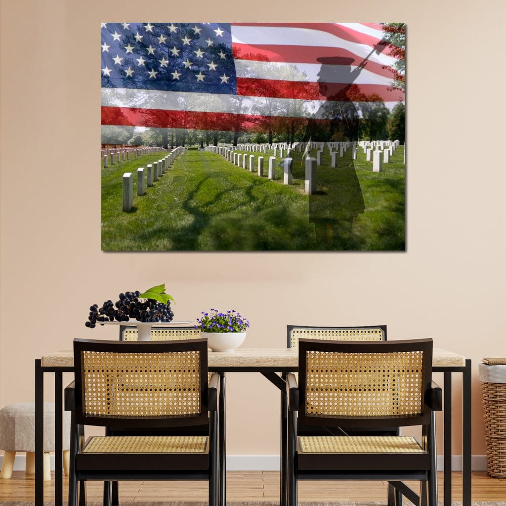 tablou canvas cu umbra unui soldat si steagul american intr-un cimitir militar