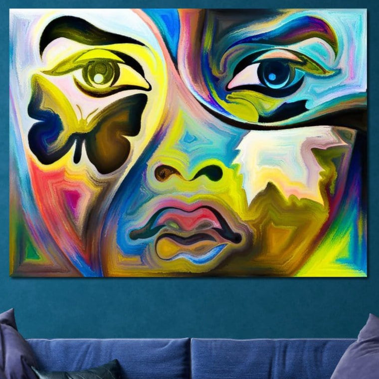 tablou canvas cu un portret reprezentand un chip de copil si un fluture integrat armonios in conturul fetei, redat in stil abstract si multicolor