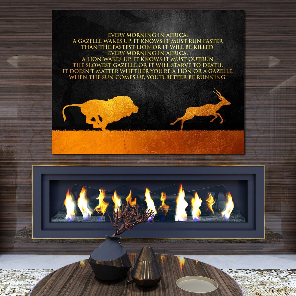 Tablou Canvas Premium LuxCanva® F1009, Instinctul Supravietuirii , Competitie, Viteza, Rezistenta, Lupta, Leu, Gazela, Living, Birou, Culori vibrante