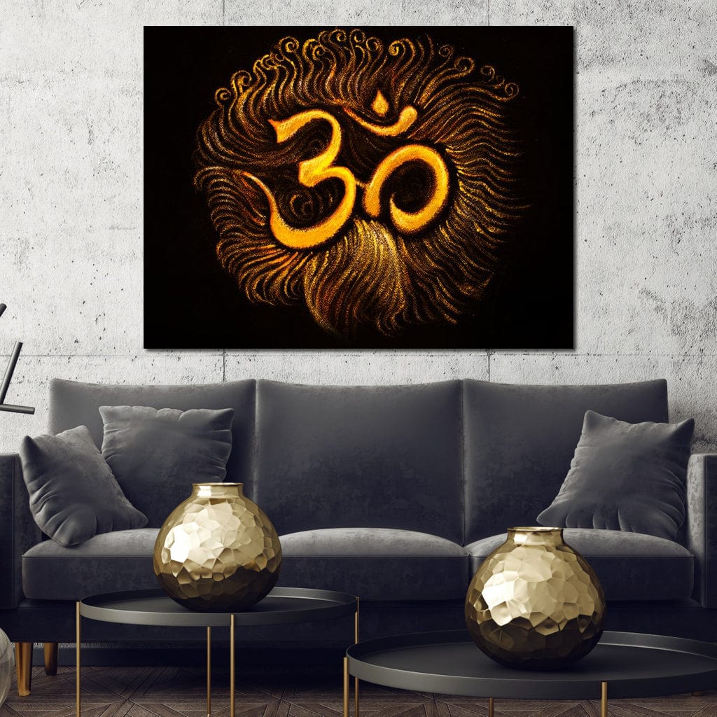 Tablou Canvas Premium LuxCanva® I106, Puterea OM, Meditatie, Zen, Spiritualitate, Energie, Vibratie, Chakra, Univers, Aur, Iluminare, Simbol Sacru, Living, Dormitor