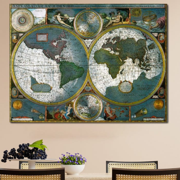 tablou canvas cu harta veche a lumii in stil cartografic