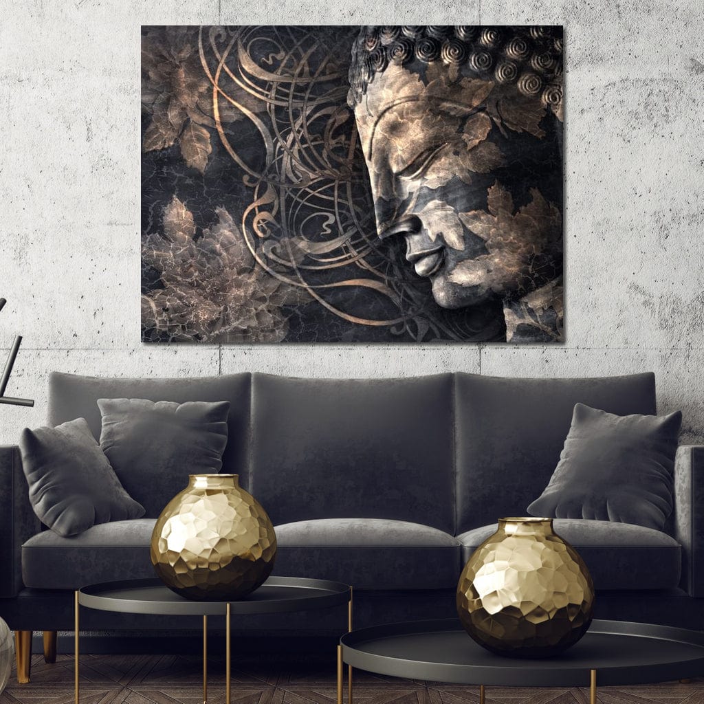 Tablou Canvas Premium LuxCanva® I117, Ganduri din Piatra, Buddha, Echilibru, Meditatie, Zen, Frunze, Ritual, Sacralitate, Fum, Esenta, Armonie, Timp