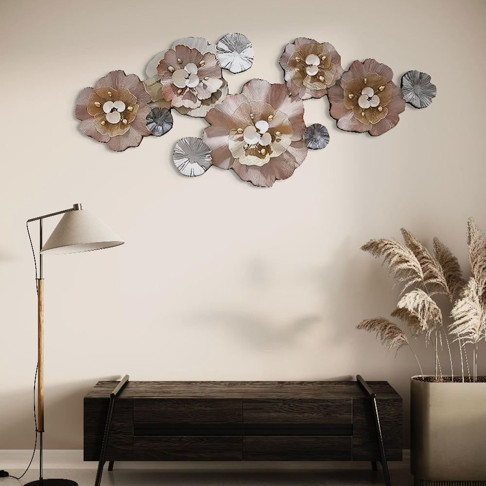 Decoratiune Metalica de Perete LuxCanva® CrystalBloom A2025M Roz, din Metal, Orizontala, Roz, Auriu, Gri, Dimensiune Mare 160 x 64 cm