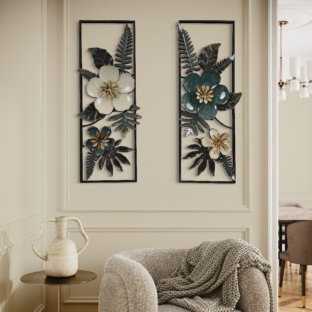 Set 2 Decoratiuni Metalice de Perete LuxCanva® Elisian Garden A2095, din Metal, Verticale, Verde, Alb, Auriu, Dimensiune Mare 31 × 89 cm