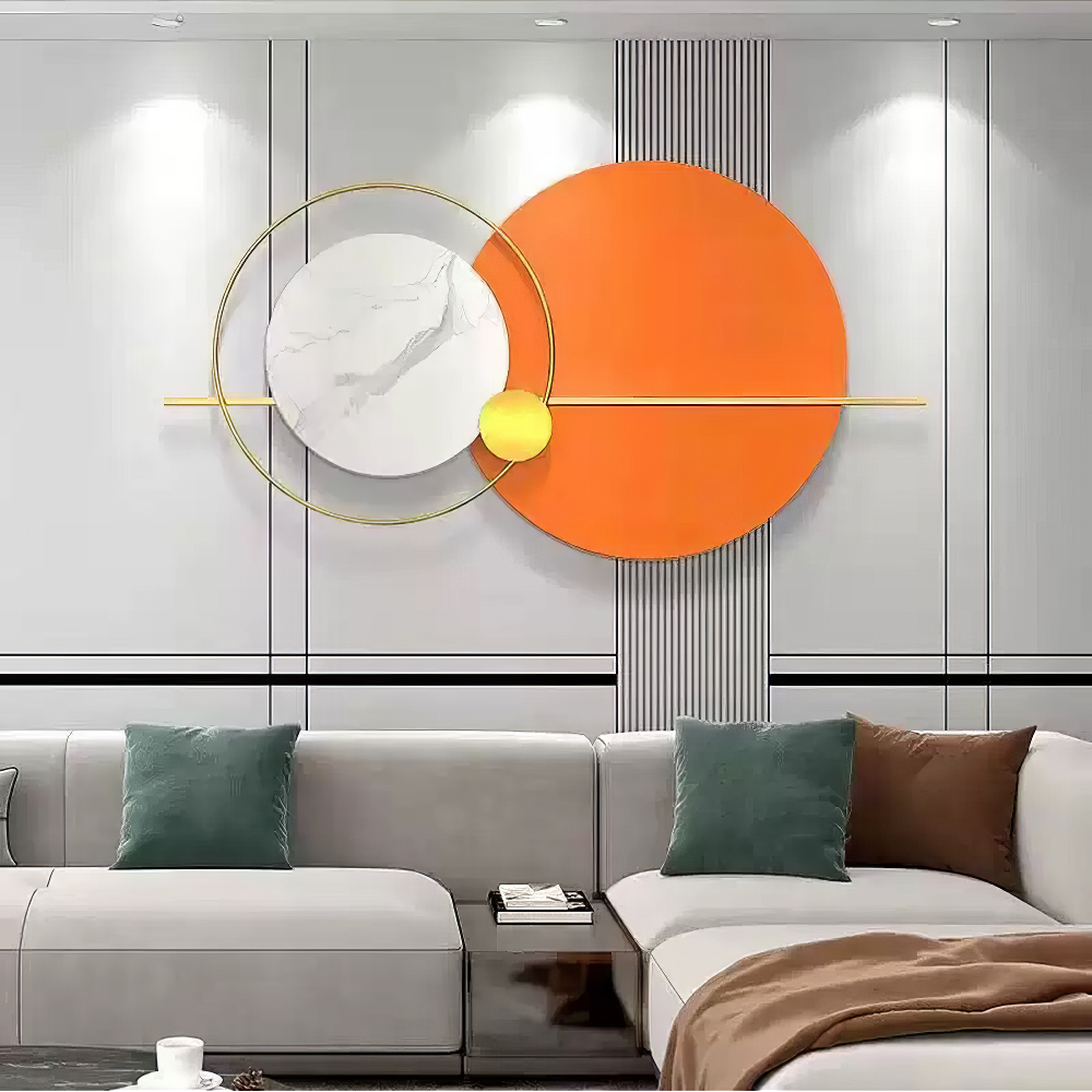 Decoratiune Metalica de Perete LuxCanva® Solar Harmony A2259, din Metal, Orizontala, Portocaliu, Alb, Auriu, Dimensiune Mare 110 x 60 cm