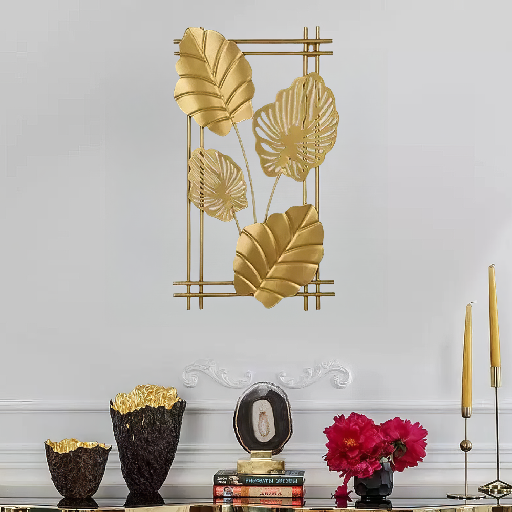 Decoratiune Metalica de Perete LuxCanva® 4Leafs Frame A2931, din Metal, Verticala, Auriu, Dimensiune Mare 30 × 45 × 2 cm