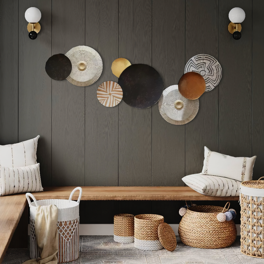 Set 2 Decoratiuni Metalice de Perete LuxCanva® Bronze Mirage A2284, din Metal, Orizontala, Negru, Auriu, Alb, Cupru, Dimensiune Mare 197 x 77 x 14 cm