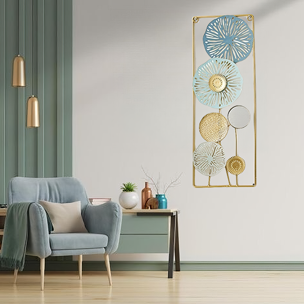 Decoratiune Metalica de Perete LuxCanva® BloomFrame A2920, din Metal, Verticala, Albastru, Auriu, Argintiu, 22 × 60 x 2 cm