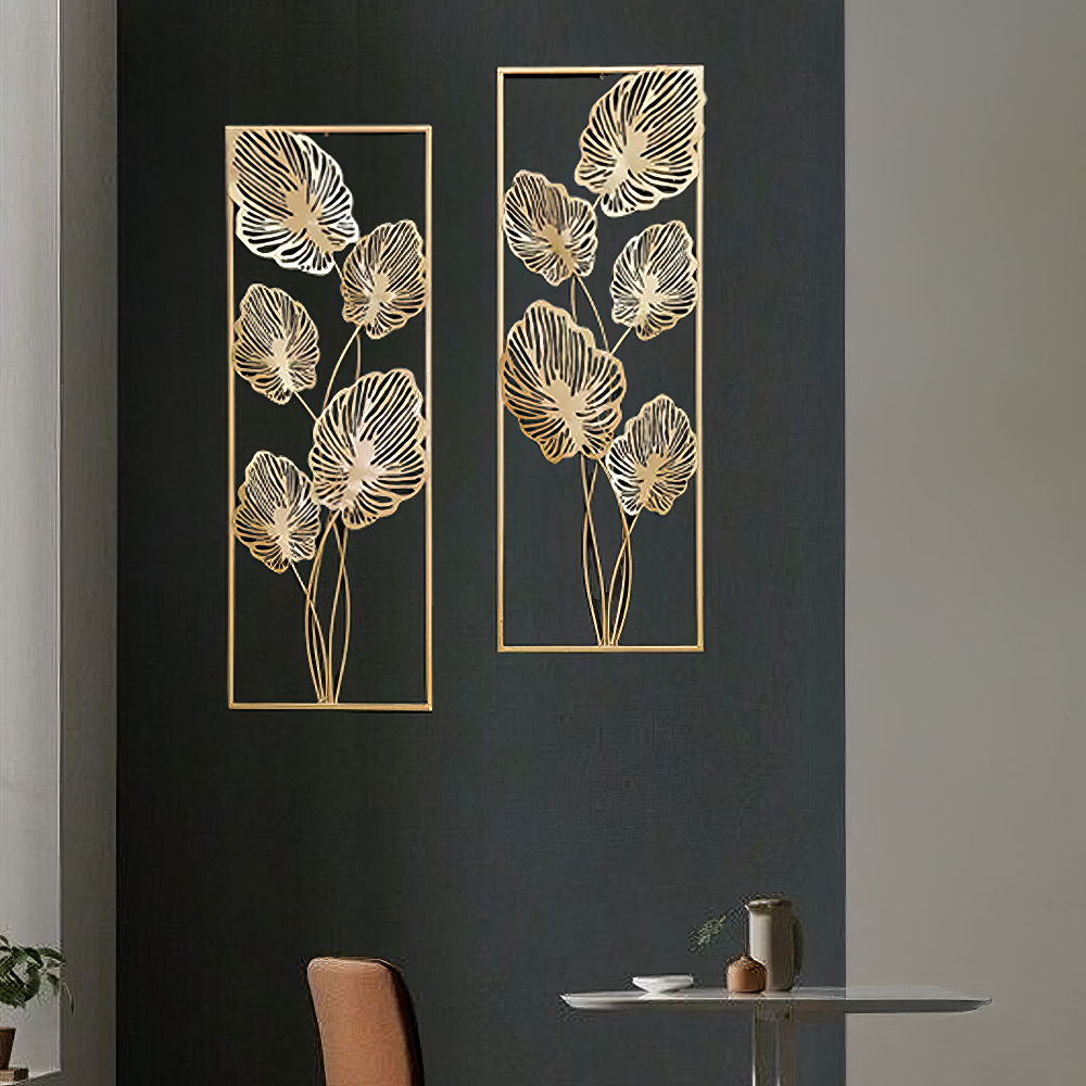 Set 2 Decoratiuni Metalice de Perete LuxCanva® Eden Leaf Frame A2002, din Metal, Verticale, Auriu, Dimensiune Mare 31 × 85 x 3.5 cm