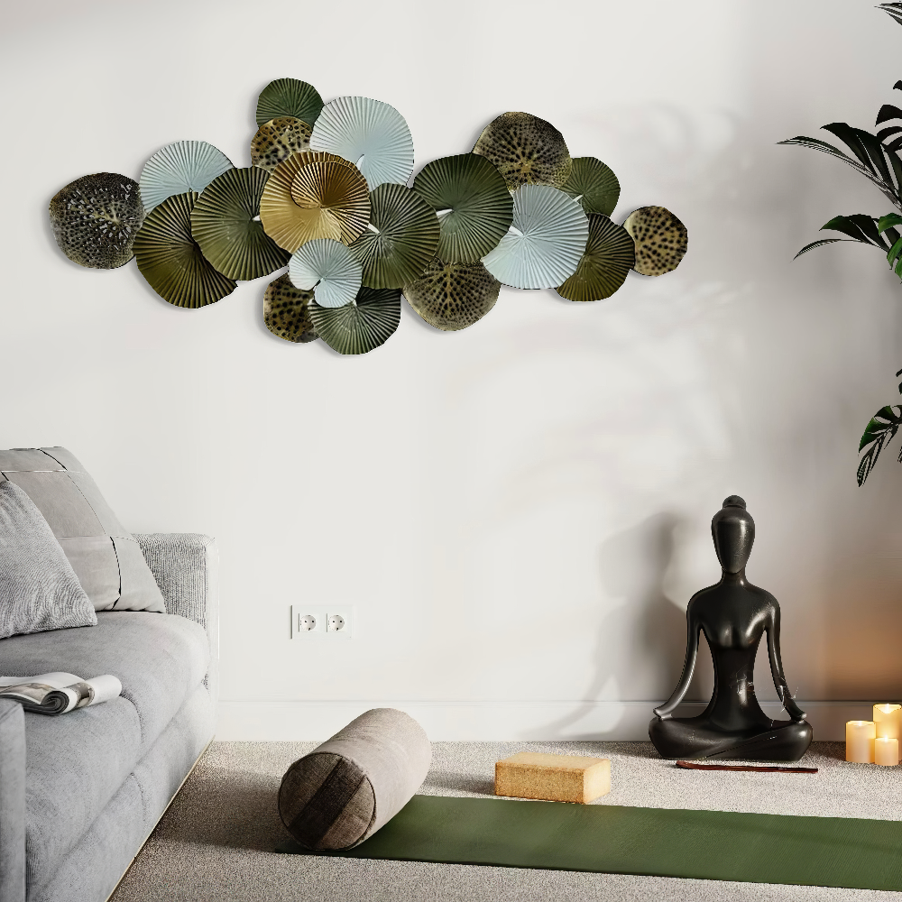 Decoratiune Metalica de Perete LuxCanva® Green Serenity A2508, din Metal, Orizontala, Verde Salvie, Auriu, Dimensiune Mare 165 x 77 cm