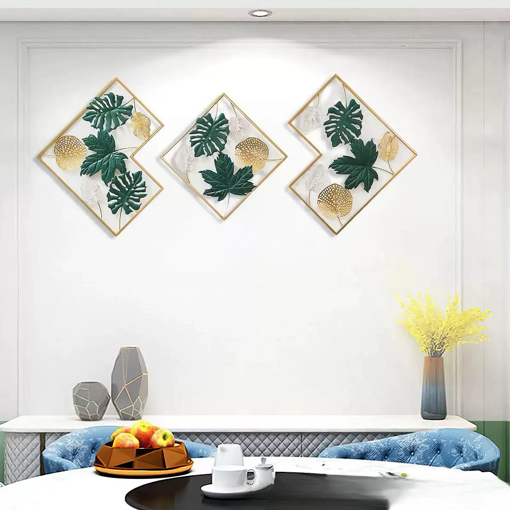 Set 3 Decoratiuni Metalice de Perete LuxCanva® GreenEssence A2307, din Metal, Orizontala, Auriu, Verde, Dimensiune Totala 170 x 71 x 3 cm