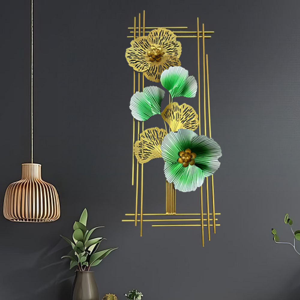 Decoratiune Metalica de Perete LuxCanva® Emerald Bloom A2001, din Metal, Verticala, Auriu, Verde, Dimensiune Mare 85 × 31 cm