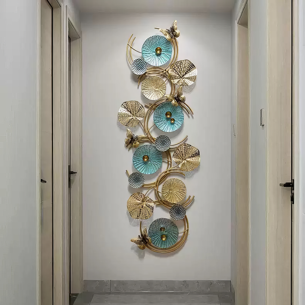 Decoratiune Metalica de Perete LuxCanva® Azure Symphony A2137, din Metal, Orizontala, Albastru, Auriu, Dimensiune Mare 120 x 47 cm