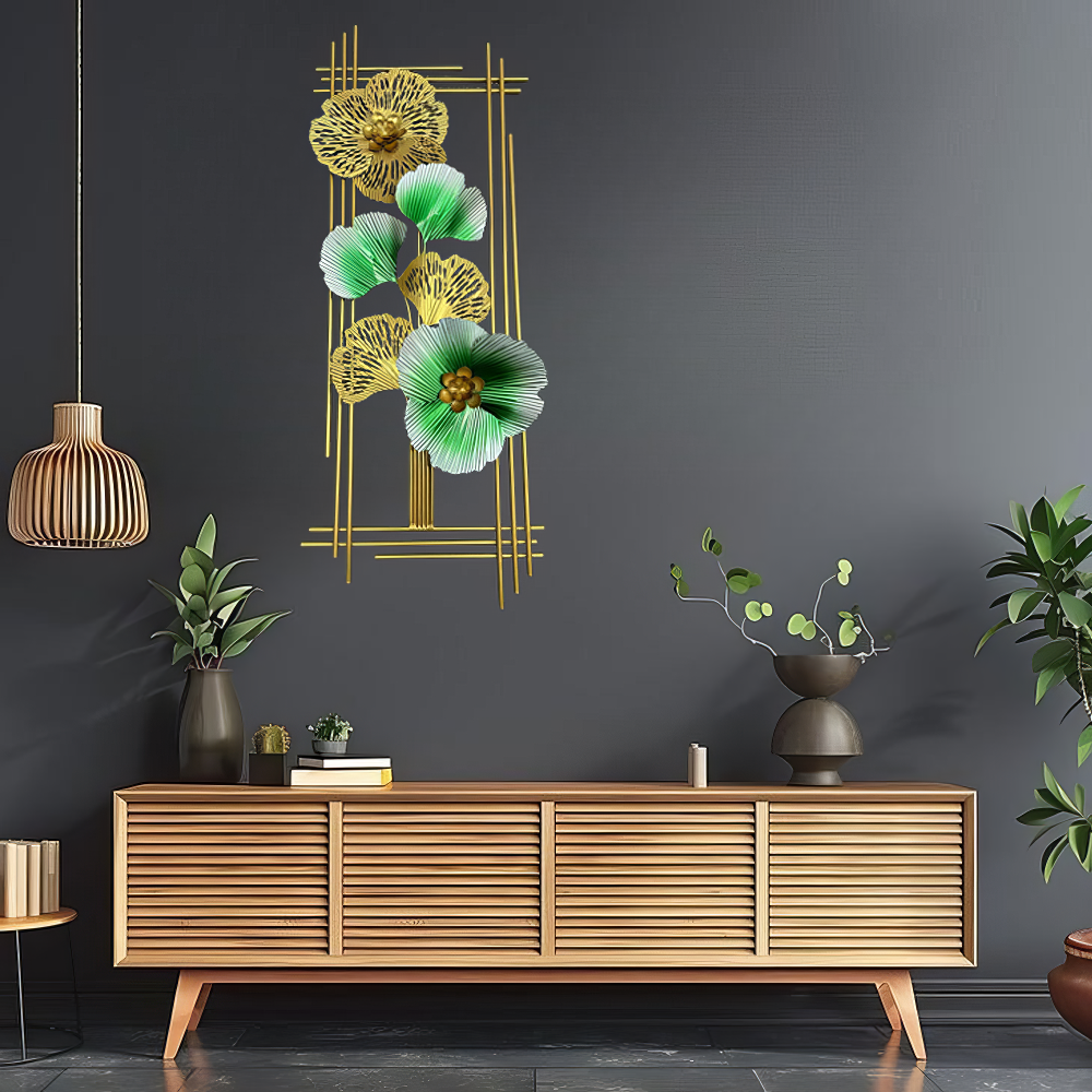 Decoratiune Metalica de Perete LuxCanva® Emerald Bloom A2001, din Metal, Verticala, Auriu, Verde, Dimensiune Mare 85 × 31 cm