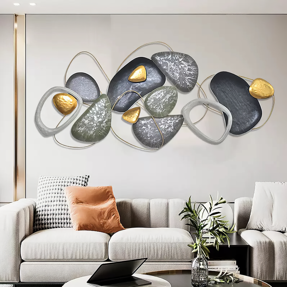 Decoratiune Metalica de Perete LuxCanva® Stone Harmony A2028, din Metal, Orizontal, Negru, Gri, Alb, Auriu, Dimensiune Mare 135 x 64 cm