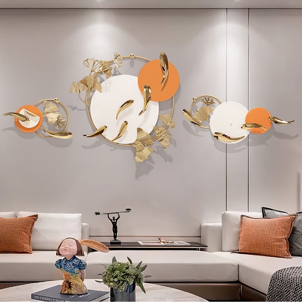 Decoratiune Metalica de Perete LuxCanva® Sun Aura A2556, din Metal, Orizontala, Alb, Auriu si Portocaliu, Dimensiune Mare 200 x 65 cm