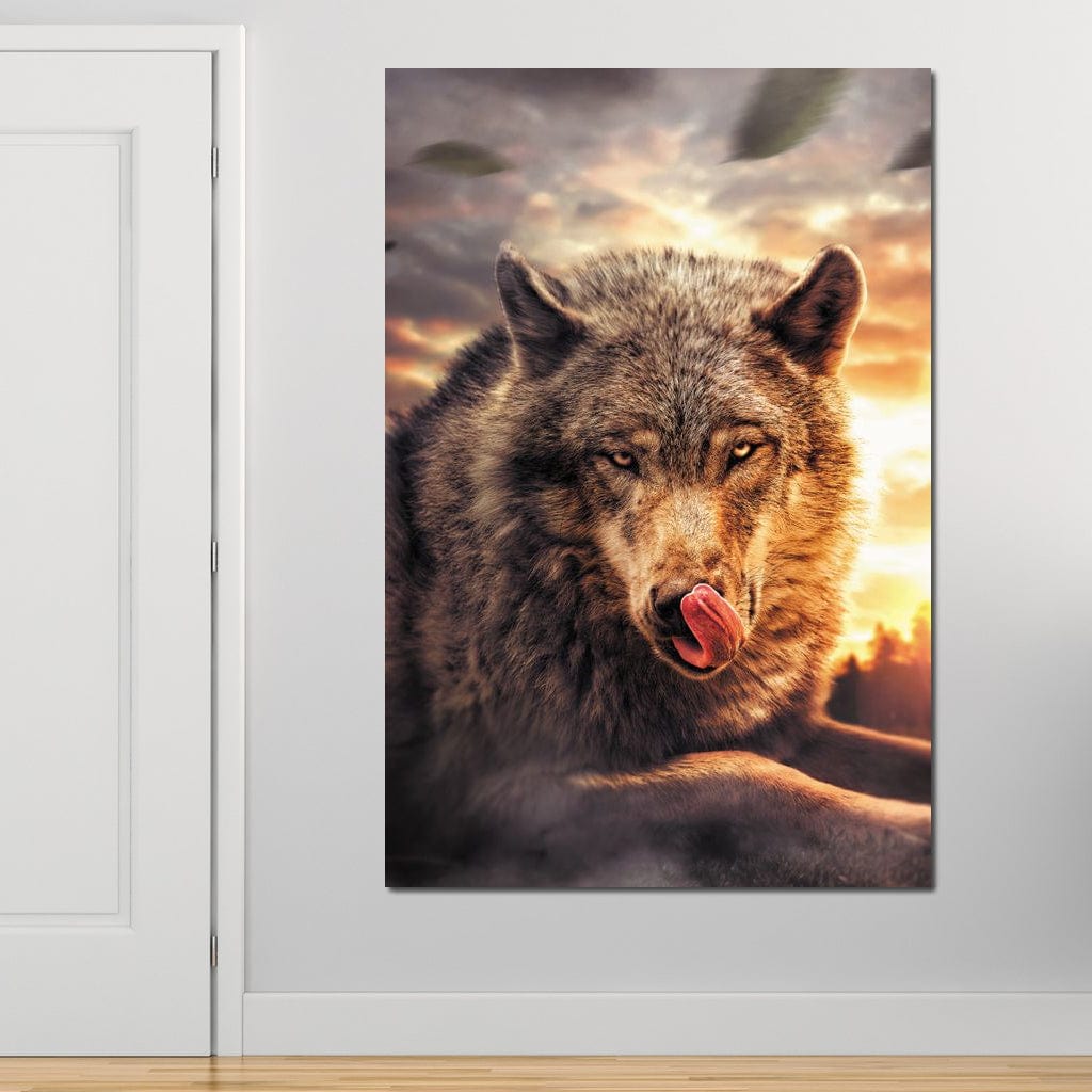 tablou canvas cu un lup in peisaj cu apus de soare