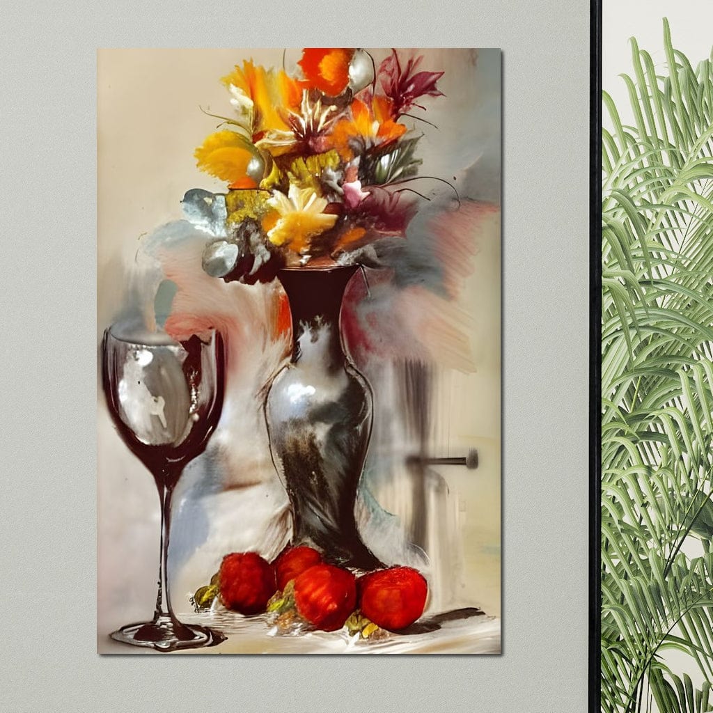 tablou canvas cu o vaza cu flori multicolore, pe o masa cu fructe rosii si un pahar de vin, pictate in stil rustic