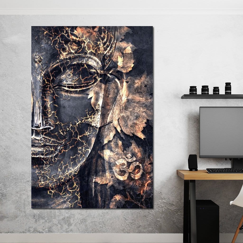 Tablou Canvas Premium LuxCanva® I118, Sub Pielea Timpului, Buddha, Vibratia OM, Constiinta, Spiritualitate, Crapaturi, Frunze, Foc Sacru, Contemplare