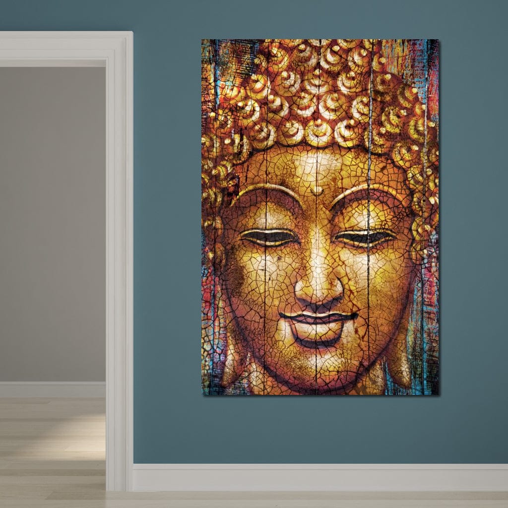 Tablou Canvas Premium LuxCanva® I107, Zambetul Tacerii, Buddha, Zambet, Liniste, Aur, Spiritualitate, Armonie, Energie Interioara, Meditatie, Seninatate, Living, Dormitor