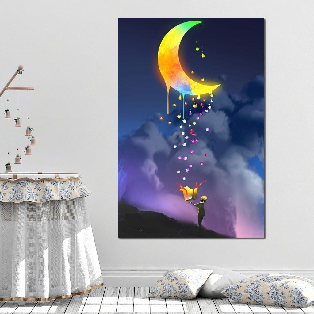 Tablou Canvas Premium, LuxCanva® K1001, Luna Care Daruieste, Curcubeu, Cer, Magie, Cutie, Copil, Ploaie, Stele, Noapte, Daruire, Stelar, Vis, Imaginatie, Camera Copii