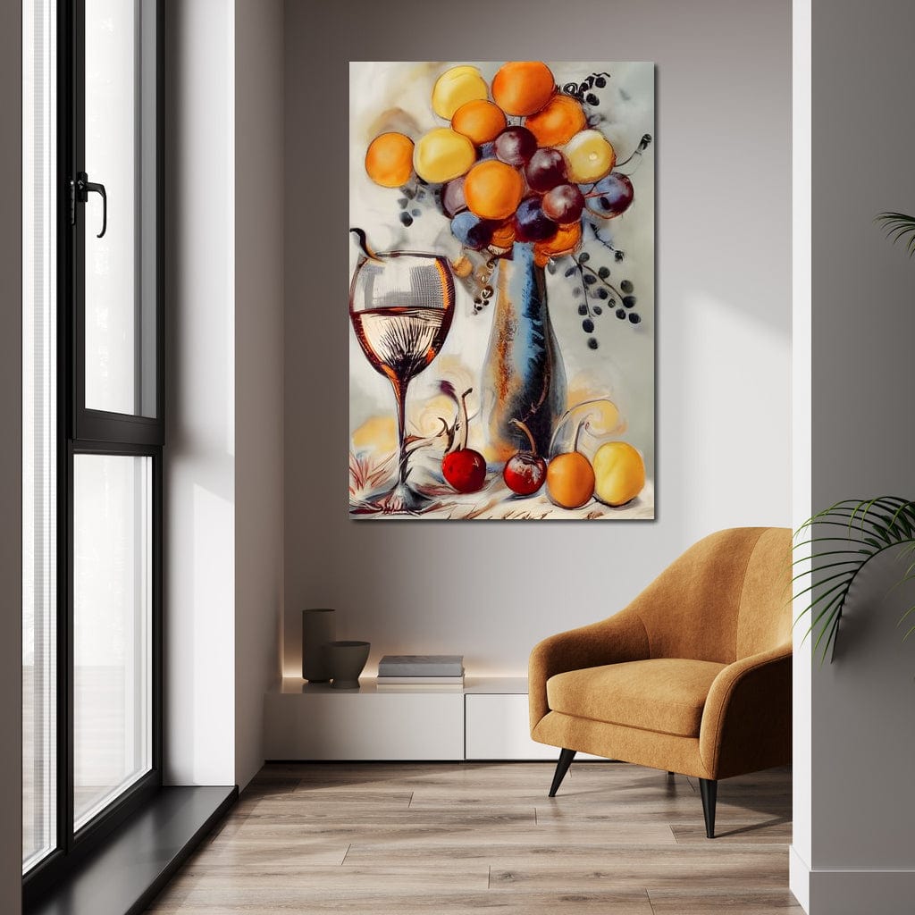 tablou canvas cu un pom fructifer si un pahar de vin, pictat in stil abstract pe fundal deschis